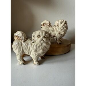 Vintage Pair of Pekingese Ceramic White and Gold Dog Figurines Trinket